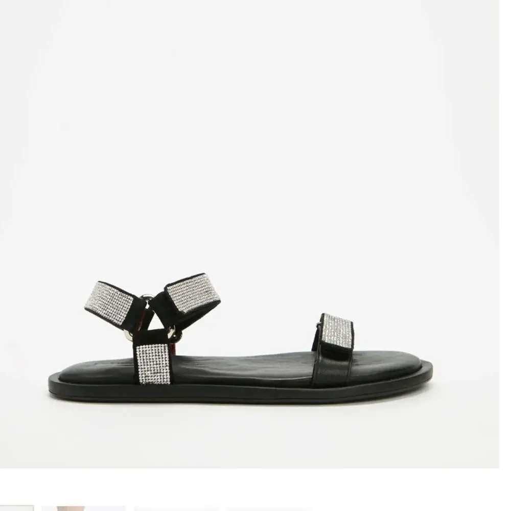 STAUD Black Flat rhinestone Sandals with Velcro closures size 39 - Picture 5 of 14